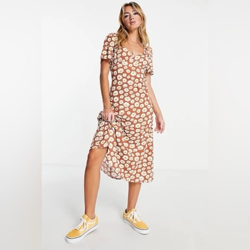 ASOS Monki Midi Tea Dress in Brown Retro Floral Print NWT